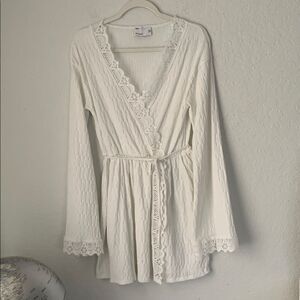 ASOS Design Textured White Crochet Trim Wrap Long Sleeve Mini Dress Size 6